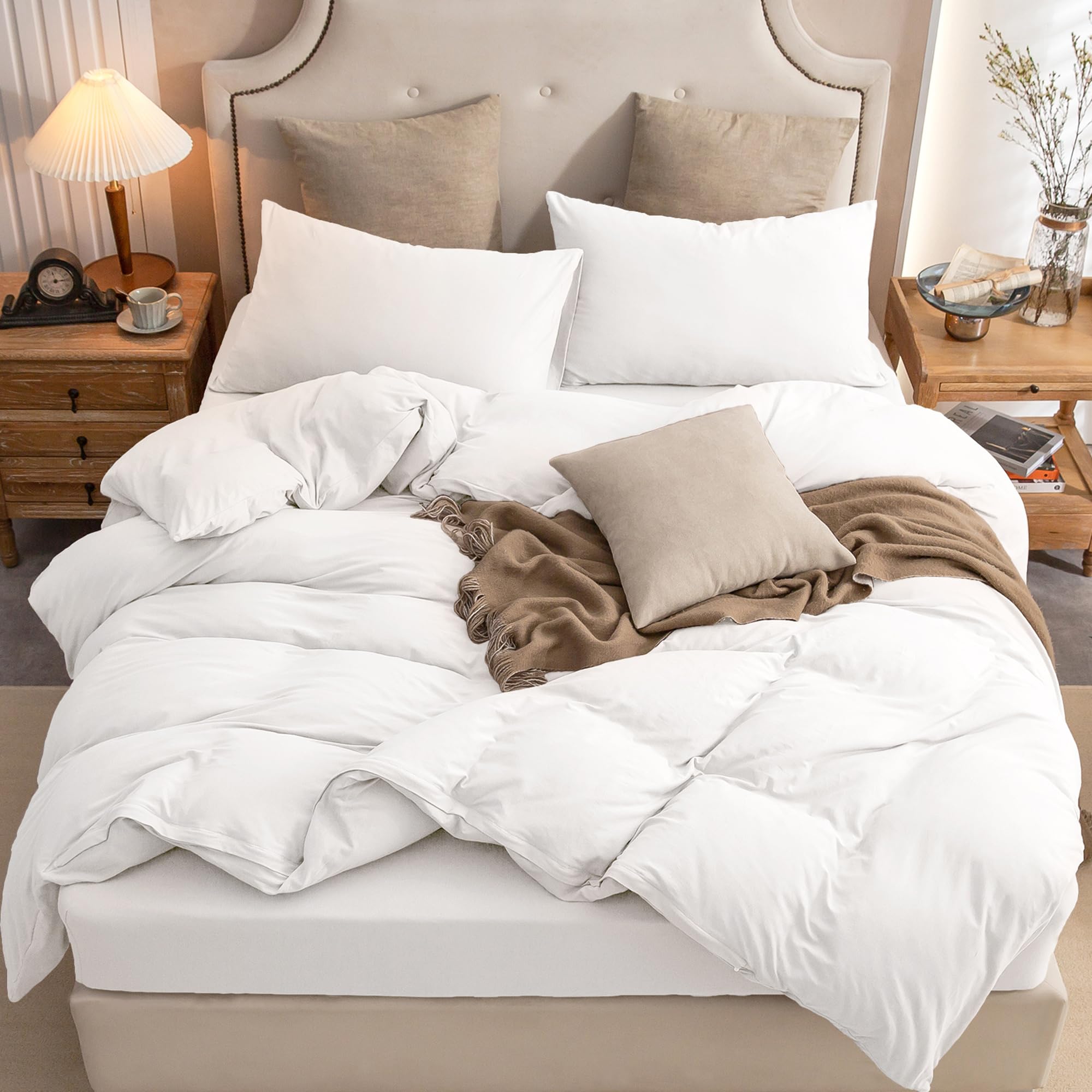 Pure Era Jersey Knit Duvet Cover Set 100% T-Shirt Cotton Super Soft Comfy 3Pc Bedding Set With Zipper Closure (Solid Bright Whit